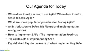 Our Agenda for Today
• When does it make sense to use Agile? When does it make
sense to Scale Agile?
• What are some popul...