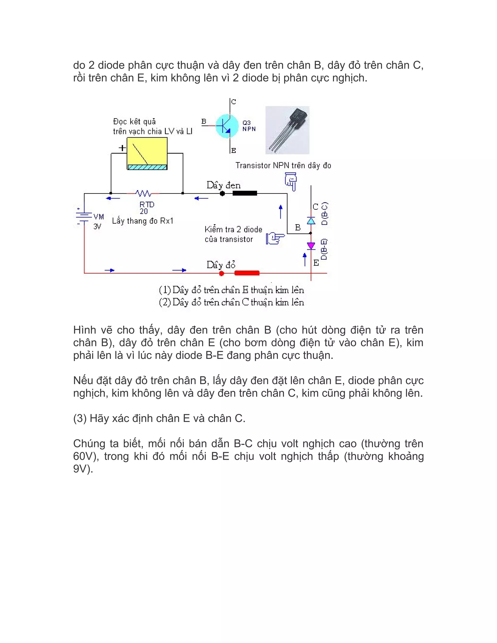 do 2 diode phân cực thuận và dây đen trên chân B, dây đỏ trên chân C,
rồi trên chân E, kim không lên vì 2 diode bị phân cực nghịch.




Hình vẽ cho thấy, dây đen trên chân B (cho hút dòng điện tử ra trên
chân B), dây đỏ trên chân E (cho bơm dòng điện tử vào chân E), kim
phải lên là vì lúc này diode B-E đang phân cực thuận.

Nếu đặt dây đỏ trên chân B, lấy dây đen đặt lên chân E, diode phân cực
nghịch, kim không lên và dây đen trên chân C, kim cũng phải không lên.

(3) Hãy xác định chân E và chân C.

Chúng ta biết, mối nối bán dẫn B-C chịu volt nghịch cao (thường trên
60V), trong khi đó mối nối B-E chịu volt nghịch thấp (thường khoảng
9V).
 