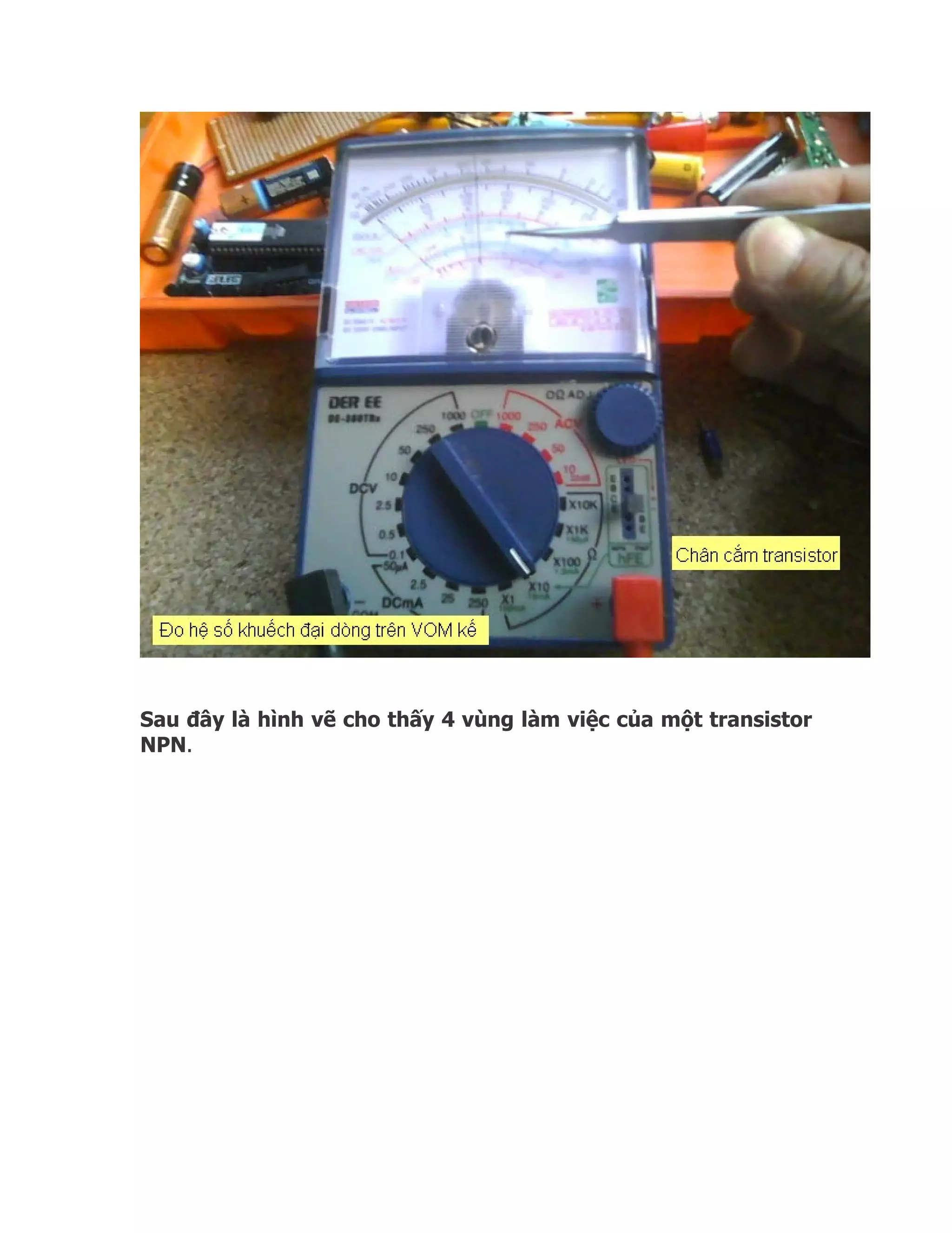 Sau đây là hình vẽ cho thấy 4 vùng làm việc của một transistor
NPN.
 