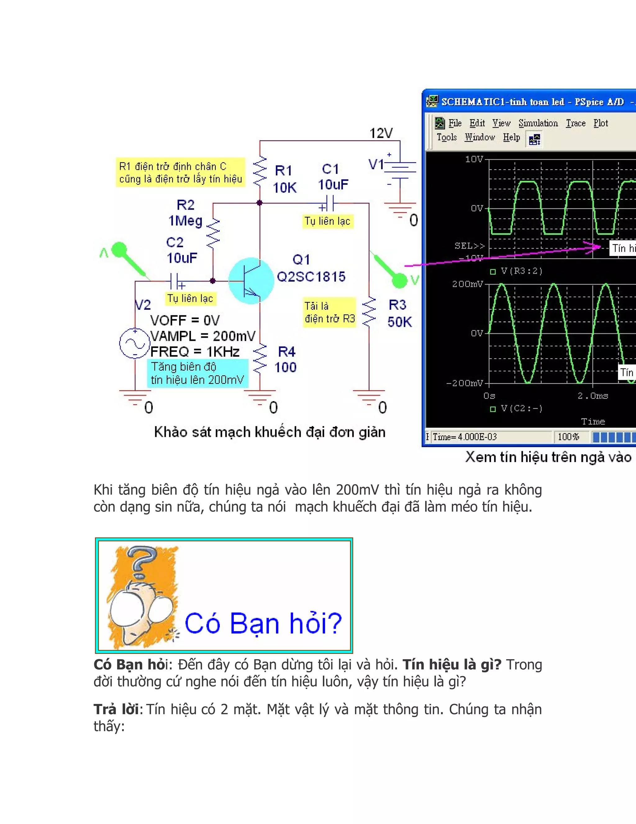 Khi tăng biên độ tín hiệu ngả vào lên 200mV thì tín hiệu ngả ra không
còn dạng sin nữa, chúng ta nói mạch khuếch đại đã làm méo tín hiệu.




Có Bạn hỏi: Đến đây có Bạn dừng tôi lại và hỏi. Tín hiệu là gì? Trong
đời thường cứ nghe nói đến tín hiệu luôn, vậy tín hiệu là gì?
Trả lời: Tín hiệu có 2 mặt. Mặt vật lý và mặt thông tin. Chúng ta nhận
thấy:
 