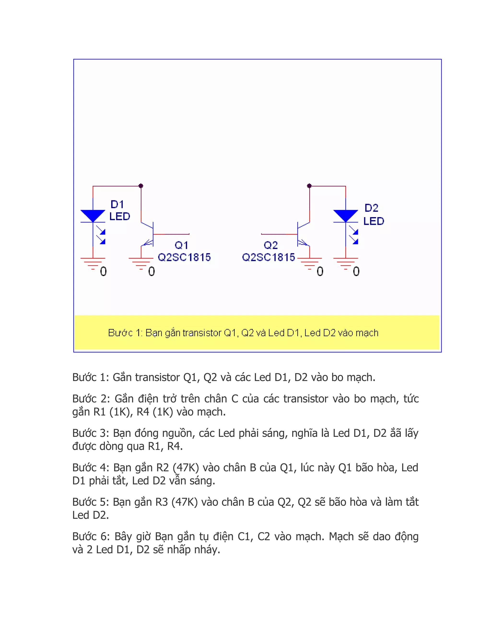 Bước 1: Gắn transistor Q1, Q2 và các Led D1, D2 vào bo mạch.
Bước 2: Gắn điện trở trên chân C của các transistor vào bo mạch, tức
gắn R1 (1K), R4 (1K) vào mạch.
Bước 3: Bạn đóng nguồn, các Led phải sáng, nghĩa là Led D1, D2 ắã lấy
được dòng qua R1, R4.
Bước 4: Bạn gắn R2 (47K) vào chân B của Q1, lúc này Q1 bão hòa, Led
D1 phải tắt, Led D2 vẫn sáng.
Bước 5: Bạn gắn R3 (47K) vào chân B của Q2, Q2 sẽ bão hòa và làm tắt
Led D2.
Bước 6: Bây giờ Bạn gắn tụ điện C1, C2 vào mạch. Mạch sẽ dao động
và 2 Led D1, D2 sẽ nhấp nháy.
 