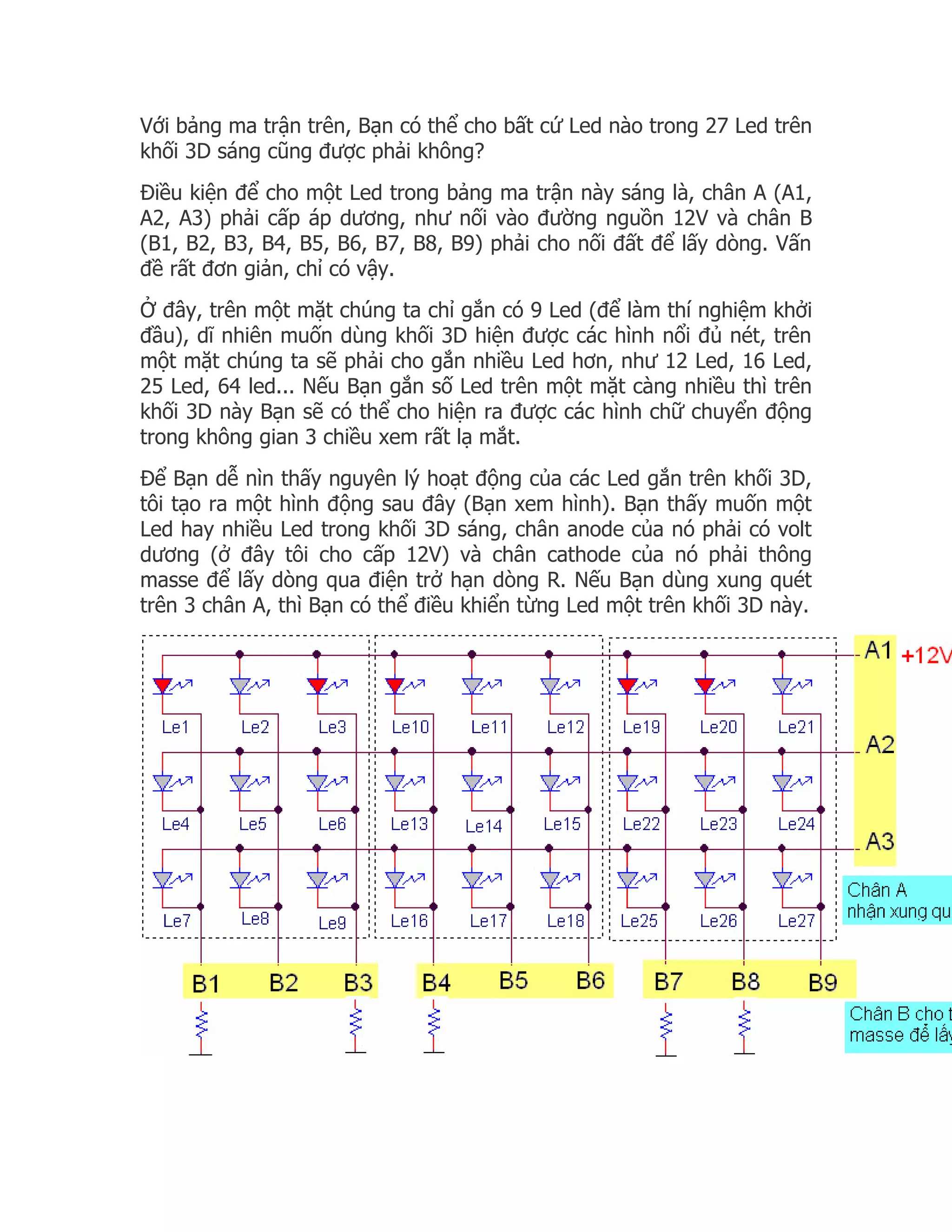 Với bảng ma trận trên, Bạn có thể cho bất cứ Led nào trong 27 Led trên
khối 3D sáng cũng được phải không?
Điều kiện để cho một Led trong bảng ma trận này sáng là, chân A (A1,
A2, A3) phải cấp áp dương, như nối vào đường nguồn 12V và chân B
(B1, B2, B3, B4, B5, B6, B7, B8, B9) phải cho nối đất để lấy dòng. Vấn
đề rất đơn giản, chỉ có vậy.
Ở đây, trên một mặt chúng ta chỉ gắn có 9 Led (để làm thí nghiệm khởi
đầu), dĩ nhiên muốn dùng khối 3D hiện được các hình nổi đủ nét, trên
một mặt chúng ta sẽ phải cho gắn nhiều Led hơn, như 12 Led, 16 Led,
25 Led, 64 led... Nếu Bạn gắn số Led trên một mặt càng nhiều thì trên
khối 3D này Bạn sẽ có thể cho hiện ra được các hình chữ chuyển động
trong không gian 3 chiều xem rất lạ mắt.
Để Bạn dễ nìn thấy nguyên lý hoạt động của các Led gắn trên khối 3D,
tôi tạo ra một hình động sau đây (Bạn xem hình). Bạn thấy muốn một
Led hay nhiều Led trong khối 3D sáng, chân anode của nó phải có volt
dương (ở đây tôi cho cấp 12V) và chân cathode của nó phải thông
masse để lấy dòng qua điện trở hạn dòng R. Nếu Bạn dùng xung quét
trên 3 chân A, thì Bạn có thể điều khiển từng Led một trên khối 3D này.
 