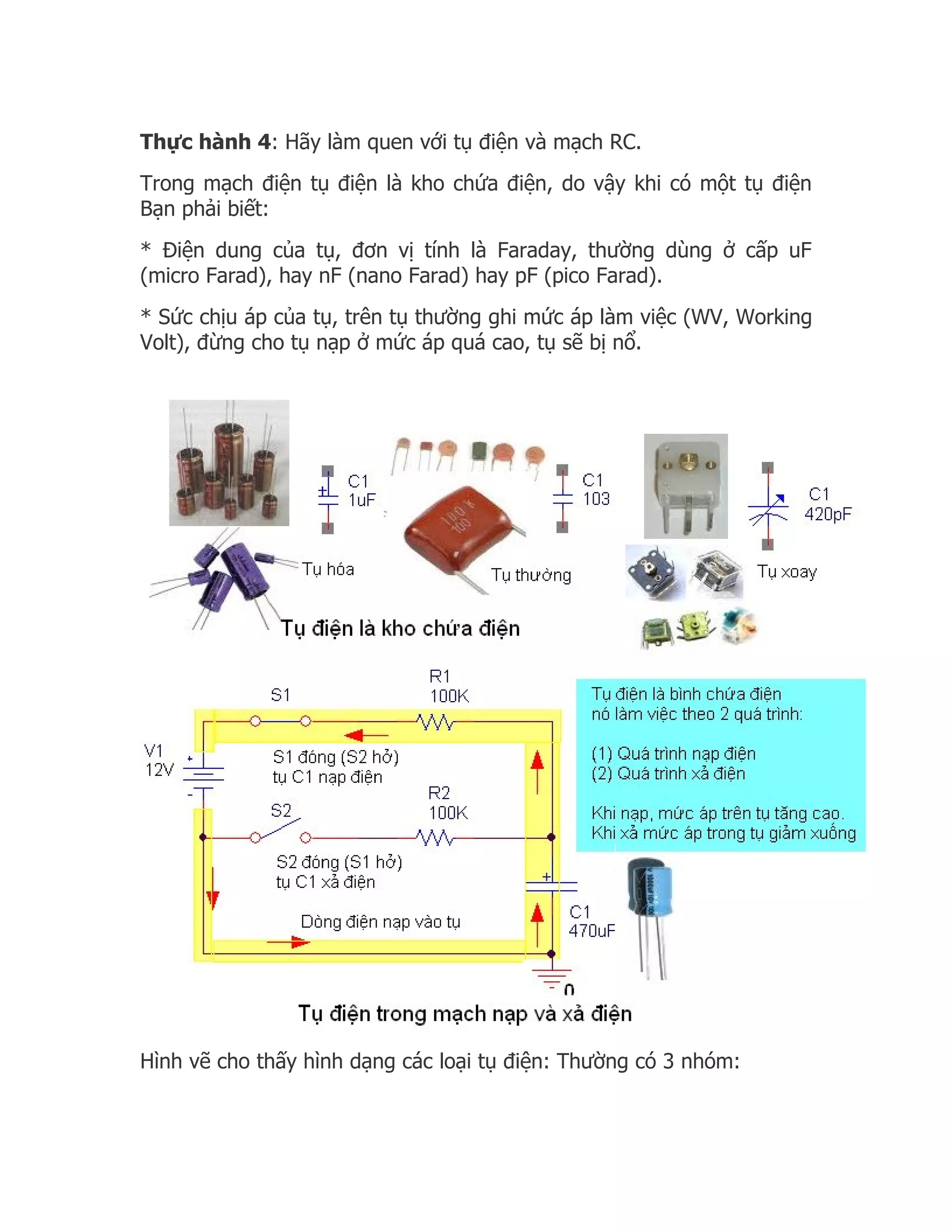 Thực hành 4: Hãy làm quen với tụ điện và mạch RC.
Trong mạch điện tụ điện là kho chứa điện, do vậy khi có một tụ điện
Bạn phải biết:
* Điện dung của tụ, đơn vị tính là Faraday, thường dùng ở cấp uF
(micro Farad), hay nF (nano Farad) hay pF (pico Farad).
* Sức chịu áp của tụ, trên tụ thường ghi mức áp làm việc (WV, Working
Volt), đừng cho tụ nạp ở mức áp quá cao, tụ sẽ bị nổ.




Hình vẽ cho thấy hình dạng các loại tụ điện: Thường có 3 nhóm:
 