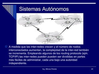 Sistemas Autónomos A medida que las inter-redes crecen y el número de nodos interconectados aumentan, la complejidad de la inter-red también se incrementa. Empleando algunos de los routing protocols (ejm. TCP/IP) las inter-redes pueden pueden ser divididas en partes más fáciles de administrar, cada una bajo una autoridad independiente.  