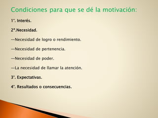 Condiciones para que se dé la motivación:
1°. Interés.
2º.Necesidad.
—Necesidad de logro o rendimiento.
—Necesidad de pertenencia.
—Necesidad de poder.
—La necesidad de llamar la atención.
3°. Expectativas.
4°. Resultados o consecuencias.
 