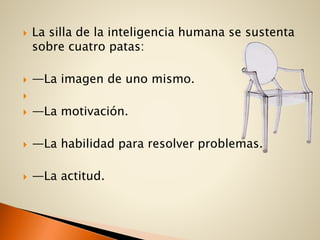  La silla de la inteligencia humana se sustenta
sobre cuatro patas:
 —La imagen de uno mismo.

 —La motivación.
 —La habilidad para resolver problemas.
 —La actitud.
 