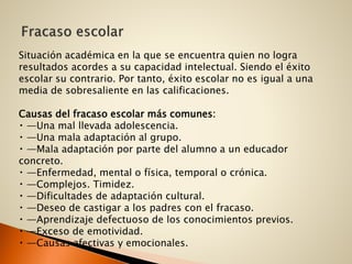 Situación académica en la que se encuentra quien no logra
resultados acordes a su capacidad intelectual. Siendo el éxito
escolar su contrario. Por tanto, éxito escolar no es igual a una
media de sobresaliente en las calificaciones.
Causas del fracaso escolar más comunes:
—Una mal llevada adolescencia.
—Una mala adaptación al grupo.
—Mala adaptación por parte del alumno a un educador
concreto.
—Enfermedad, mental o física, temporal o crónica.
—Complejos. Timidez.
—Dificultades de adaptación cultural.
—Deseo de castigar a los padres con el fracaso.
—Aprendizaje defectuoso de los conocimientos previos.
—Exceso de emotividad.
—Causas afectivas y emocionales.
 