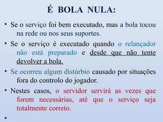 É BOLA NULA:
• Se o serviço foi bem executado, mas a bola tocou
    na rede ou nos seus suportes.
• Se o serviço é executado quando o relançador
    não está preparado e desde que não tente
    devolver a bola.
• Se ocorreu algum distúrbio causado por situações
    fora do controlo do jogador.
• Nestes casos, o servidor servirá as vezes que
    forem necessárias, até que o serviço seja
    totalmente correto.
•
 