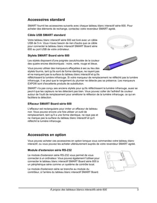 Accessoires standard
SMART fournit les accessoires suivants avec chaque tableau blanc interactif série 600. Pour
acheter des éléments de rechange, contactez votre revendeur SMART agréé.

Câble USB SMART standard
Votre tableau blanc interactif série 600 est livré avec un câble
USB de 5 m. Vous n'avez besoin de rien d'autre que ce câble
pour connecter le tableau blanc interactif SMART Board série
600 au port USB de votre ordinateur.

Stylets SMART Board série 600
Les stylets disposent d'une poignée caoutchoutée de la couleur
des quatre encres électroniques : noire, verte, rouge et bleue.
Vous pouvez utiliser des marqueurs effaçables à sec au lieu des
stylets fournis, tant qu'ils sont de forme identique, ne rayent pas
et ne marquent pas la surface du tableau blanc interactif et qu'ils
réfléchissent la lumière infrarouge. Si votre marqueur de remplacement ne réfléchit pas la lumière
infrarouge, il se peut que le rangement du plumier ne détecte pas sa présence. Les marqueurs
EXPO® sont d'excellents produits de substitution.
SMART n'a pas conçu ses anciens stylets pour qu'ils réfléchissent la lumière infrarouge, aussi se
peut-il que les capteurs ne les détectent pas bien. Vous pouvez coller de l'adhésif de couleur
autour de l'outil de remplacement pour améliorer la réflexion de la lumière infrarouge, ce qui en
facilitera la détection.

Effaceur SMART Board série 600
L'effaceur est rectangulaire pour imiter un effaceur de tableau
noir. Vous pouvez encore une fois utiliser un outil de
remplacement, tant qu'il a une forme identique, ne raye pas et
ne marque pas la surface du tableau blanc interactif et qu'il
réfléchit la lumière infrarouge.




Accessoires en option
Vous pouvez acheter ces accessoires en option lorsque vous commandez votre tableau blanc
interactif, ou vous pouvez les acheter ultérieurement auprès de votre revendeur SMART agréé.

Module d'extension série RS-232
Le module d'extension série RS-232 vous permet de vous
connecter à un ordinateur. Vous pouvez également l'utiliser pour
connecter le tableau blanc interactif SMART Board série 600 à
un périphérique série comme un système de contrôle local.
Le module d'extension série se branche au module du
contrôleur, à l'arrière du tableau blanc interactif SMART Board.




                    À propos des tableaux blancs interactifs série 600                           3
 