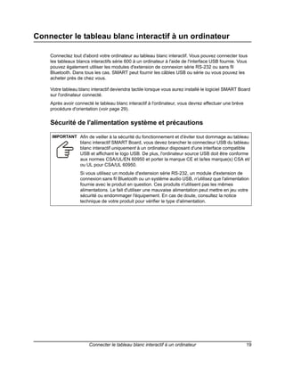 Connecter le tableau blanc interactif à un ordinateur

    Connectez tout d'abord votre ordinateur au tableau blanc interactif. Vous pouvez connecter tous
    les tableaux blancs interactifs série 600 à un ordinateur à l'aide de l'interface USB fournie. Vous
    pouvez également utiliser les modules d'extension de connexion série RS-232 ou sans fil
    Bluetooth. Dans tous les cas, SMART peut fournir les câbles USB ou série ou vous pouvez les
    acheter près de chez vous.

    Votre tableau blanc interactif deviendra tactile lorsque vous aurez installé le logiciel SMART Board
    sur l'ordinateur connecté.
    Après avoir connecté le tableau blanc interactif à l'ordinateur, vous devrez effectuer une brève
    procédure d'orientation (voir page 29).


    Sécurité de l'alimentation système et précautions

     IMPORTANT Afin de veiller à la sécurité du fonctionnement et d'éviter tout dommage au tableau
                   blanc interactif SMART Board, vous devez brancher le connecteur USB du tableau
                   blanc interactif uniquement à un ordinateur disposant d'une interface compatible
                   USB et affichant le logo USB. De plus, l'ordinateur source USB doit être conforme
                   aux normes CSA/UL/EN 60950 et porter la marque CE et la/les marque(s) CSA et/
                   ou UL pour CSA/UL 60950.
                   Si vous utilisez un module d'extension série RS-232, un module d'extension de
                   connexion sans fil Bluetooth ou un système audio USB, n'utilisez que l'alimentation
                   fournie avec le produit en question. Ces produits n'utilisent pas les mêmes
                   alimentations. Le fait d'utiliser une mauvaise alimentation peut mettre en jeu votre
                   sécurité ou endommager l'équipement. En cas de doute, consultez la notice
                   technique de votre produit pour vérifier le type d'alimentation.




                       Connecter le tableau blanc interactif à un ordinateur                           19
 