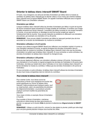 Orienter le tableau blanc interactif SMART Board
À l'usine, nous chargeons une série de données d'orientation par défaut dans le module du
contrôleur du tableau blanc interactif que ce dernier utilise si vous n'avez pas orienté le tableau
blanc interactif avec le logiciel SMART Board. On appelle l'orientation effectuée avec le logiciel
SMART Board une Orientation utilisateur.

Orientation par défaut
Lorsque le tableau blanc interactif utilise les données d'orientation par défaut, le point de toucher
de l'écran correspond assez exactement à l'image projetée de l'ordinateur, à condition que l'image
projetée remplisse tout l'écran interactif. L'orientation par défaut consiste en une simple orientation
à 2 points, ce qui peut entraîner un décalage du point de toucher projeté par rapport à
l'emplacement réel du toucher. Vous pouvez résoudre ce problème en effectuant une orientation
plus précise, par exemple une orientation à 9 ou 20 points.
REMARQUE : Vous pouvez rétablir l'orientation par défaut en appuyant pendant plus de trois
secondes sur le bouton de réinitialisation du module du contrôleur.

Orientation utilisateur à 4 et 9 points
Lorsque vous utilisez le logiciel SMART Board pour effectuer une orientation rapide à 4 points ou
une orientation standard à 9 points, le logiciel enregistre les données d'orientation dans la
mémoire flash du module du contrôleur du tableau blanc interactif (c'est à dire que les données
d'orientation ne quittent pas le tableau blanc interactif). Si vous connectez un autre ordinateur, les
données d'orientation du tableau blanc interactif ne changeront pas.

Orientation utilisateur à 20 points
Vous pouvez également effectuer une orientation utilisateur précise à 20 points. Contrairement
aux orientations à 4 et 9 points, le logiciel enregistre les données de l'orientation à 20 points dans
l'ordinateur, données qui restent donc dans l'ordinateur et non dans le tableau blanc interactif. Le
fait de réinitialiser le module du contrôleur n'efface pas les données d'orientation à 20 points de
l'ordinateur.
Si vous connectez un autre ordinateur, le tableau blanc interactif utilisera les données d'orientation
du plus haut niveau enregistrées dans la mémoire du contrôleur.

Pour orienter le tableau blanc interactif

Pour orienter l'unité, vous devez suivre les
instructions à l'écran vous enjoignant de toucher des
points spécifiques sur l'écran du tableau blanc
interactif. Cette procédure peut impliquer quatre, neuf
ou vingt touchers, selon vos paramètres de précision
de l'alignement/orientation. La procédure suivante
explique comment modifier les paramètres de
précision.
Vous voyez à droite un exemple d'écran d'orientation
à 9 points.
Pour accéder à l'écran d'orientation, maintenez
enfoncés en même temps les deux gros boutons du
plumier, ou appuyez sur le bouton Aide du plumier et sélectionnez Aligner/orienter le SMART
Board.
REMARQUE : Utilisez un outil à bout fin, comme l'un des stylets du plumier, plutôt que votre doigt
pour une plus grande précision lorsque vous touchez les cibles.


                   Connecter le tableau blanc interactif à un ordinateur                              29
 