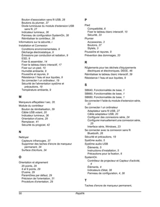 Bouton d'association sans fil USB, 28                  P
   Boutons du plumier, 37
   Diode lumineuse du module d'extension USB              Pied
     sans fil, 27                                           Compatibilité, 6
   Indicateur lumineux, 36                                  Fixer le tableau blanc interactif, 10
   Panneau de configuration SystemOn, 38                    Sécurité, 33
   Réinitialiser le contrôleur, 39                        Plumier
Informations sur la sécurité, i                             Accessoires, 3
Installation et Connexion                                   Boutons, 37
   Conditions environnementales, 9                          Stylets, 3
   Décharge électrostatique, 9                            Poussičre et rayures, 9
   Émissions par conduction et radiation, 9               Prévention des dommages, 33
   ESD, 9
   Fixer & assembler, 14                                  R
   Fixer le tableau blanc interactif, 17
   Fixer sur un pied, 10                                  Rčglements pour les déchets d'équipements
   Humidité ambiante, 9                                     électriques et électroniques, DEEE, 46
   Poussičre et rayures, 9                                Réinitialiser le tableau blanc interactif, 39
   Résistance ŕ l'eau et aux liquides, 9                  Résistance ŕ l'eau et aux liquides, 9
   Se connecter ŕ un ordinateur, 19
   Sécurité de l'alimentation systčme et
                                                          S
     précautions, 19
   Température ambiante, 9                                SB640, Fonctionnalités de base, 1
                                                          SB660, Fonctionnalités de base, 1
M                                                         SB680, Fonctionnalités de base, 1
                                                          Se connecter ŕ l'aide du module d'extension série,
Marqueurs effaçables ŕ sec, 35
                                                            23
Module du contrôleur
                                                          Se connecter ŕ un ordinateur
 Bouton de réinitialisation, 39
                                                            Adaptateur sans fil USB, 27
 Câble USB volant, 20
                                                            Câble adaptateur USB, 20
 Indicateur lumineux, 36
                                                            Configurer des connexions série, 24
 Orientation d'usine, 29
                                                            Configurer manuellement une connexion série,
 Remplacer, 41
                                                               25
 Sécurité du progiciel, 42
                                                            Interface série, Windows, 23
                                                          Se connecter avec la connexion sans fil
N                                                           Bluetooth, 26
Nettoyer                                                  Sécurité et précautions, 19
  Capteurs infrarouges, 37                                Systčme audio, 5
  Supprimer des taches d'encre de marqueur                Systčme audio USB
     permanent, 34                                          Éléments, 5
  Surface d'écriture, 34                                    Instructions d'installation, 5
                                                            Précautions pour la fixation, 6
O                                                         SystemOn
                                                            Contrôleur de projecteur et Capteur d'activité,
Orientation et alignement
                                                               4
  20 points, 29                                             Éléments, 4
  4 et 9 points, 29                                         Indicateurs d'état, 38
  D'usine, 29                                               Panneau de configuration, 4, 38
  Paramčtres par défaut, 29
  Précision de l'orientation, 31
  Procédure d'orientation, 29                             T
                                                          Taches d'encre de marqueur permanent,

50                                             Rejstřík
 