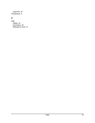 supprimer, 34
Température, 9

U
USB
  Câbles, 20
  Connecteur, 20
  Rallonges et hubs, 21




                          Index   51
 