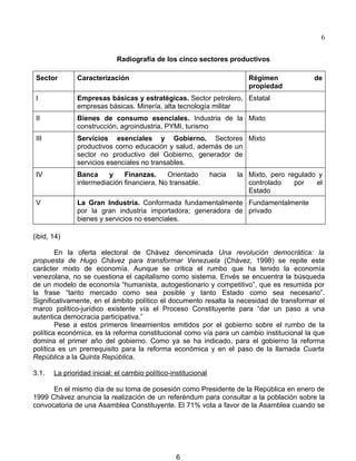 6


                             Radiografía de los cinco sectores productivos

 Sector        Caracterización                                             Régimen            de
                                                                           propiedad
 I             Empresas básicas y estratégicas. Sector petrolero, Estatal
               empresas básicas. Minería, alta tecnología militar
 II            Bienes de consumo esenciales. Industria de la Mixto
               construcción, agroindustria, PYMI, turismo
 III           Servicios esenciales y Gobierno. Sectores Mixto
               productivos corno educación y salud, además de un
               sector no productivo del Gobierno, generador de
               servicios esenciales no transables.
 IV            Banca     y    Finanzas.     Orientado           hacia   la Mixto, pero regulado y
               intermediación financiera. No transable.                    controlado    por   el
                                                                           Estado
 V             La Gran Industria. Conformada fundamentalmente Fundamentalmente
               por la gran industria importadora; generadora de privado
               bienes y servicios no esenciales.

(ibid, 14)

        En la oferta electoral de Chávez denominada Una revolución democrática: la
propuesta de Hugo Chávez para transformar Venezuela (Chávez, 1998) se repite este
carácter mixto de economía. Aunque se critica el rumbo que ha tenido la economía
venezolana, no se cuestiona el capitalismo como sistema. Envés se encuentra la búsqueda
de un modelo de economía “humanista, autogestionario y competitivo”, que es resumida por
la frase “tanto mercado como sea posible y tanto Estado como sea necesario”.
Significativamente, en el ámbito político el documento resalta la necesidad de transformar el
marco político-jurídico existente vía el Proceso Constituyente para “dar un paso a una
autentica democracia participativa.”
        Pese a estos primeros lineamientos emitidos por el gobierno sobre el rumbo de la
política económica, es la reforma constitucional como vía para un cambio institucional la que
domina el primer año del gobierno. Como ya se ha indicado, para el gobierno la reforma
política es un prerrequisito para la reforma económica y en el paso de la llamada Cuarta
República a la Quinta República.

3.1.   La prioridad inicial: el cambio político-institucional

      En el mismo día de su toma de posesión como Presidente de la República en enero de
1999 Chávez anuncia la realización de un referéndum para consultar a la población sobre la
convocatoria de una Asamblea Constituyente. El 71% vota a favor de la Asamblea cuando se




                                                  6
 
