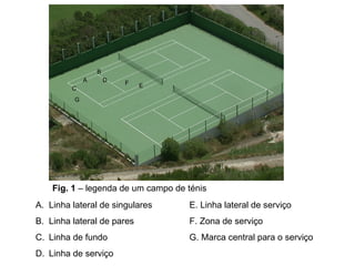 A B C D E F G Linha lateral de singulares Linha lateral de pares Linha de fundo Linha de serviço E. Linha lateral de serviço F. Zona de serviço G. Marca central para o serviço Fig. 1  – legenda de um campo de ténis 