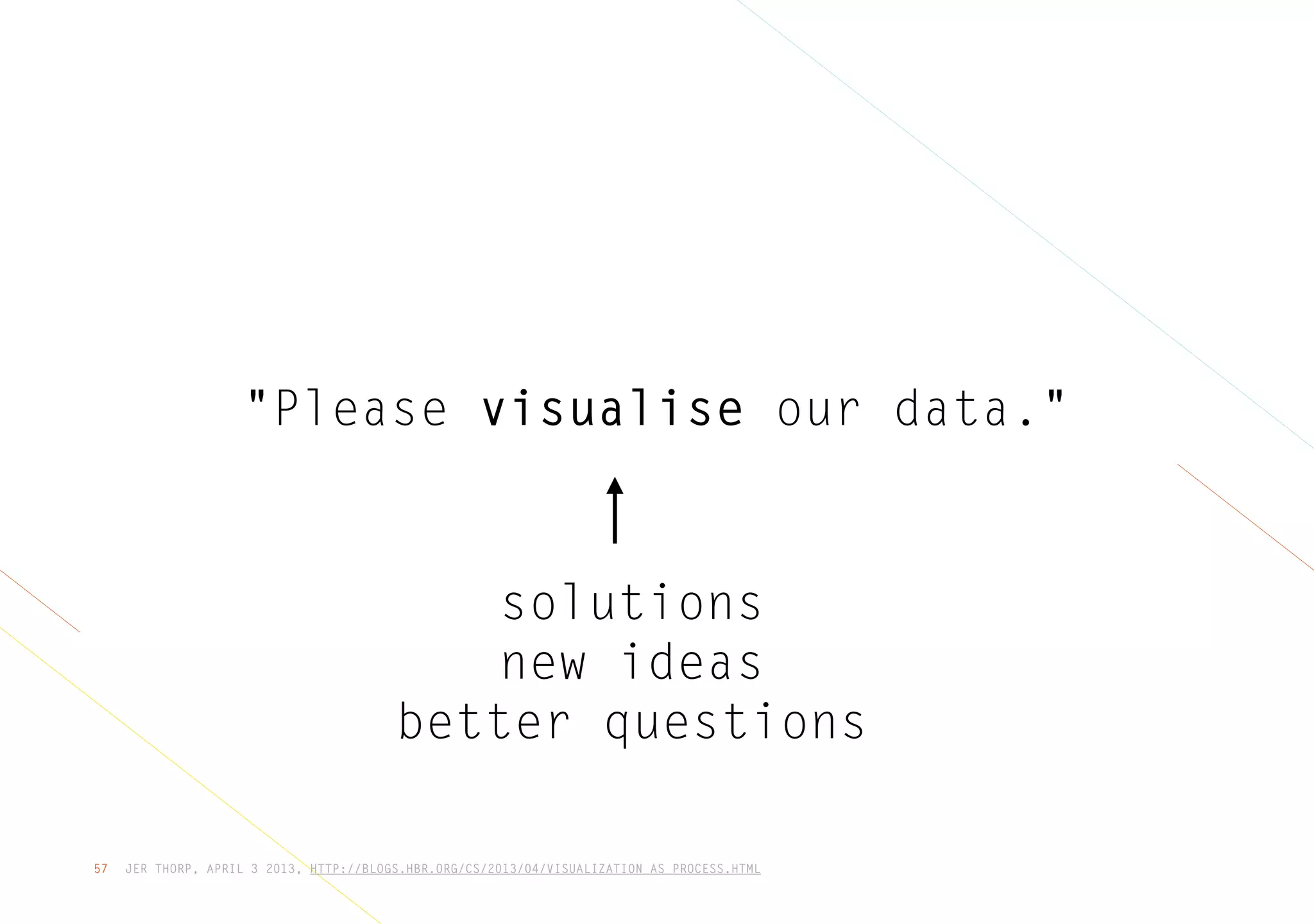 JER THORP, APRIL 3 2013, HTTP://BLOGS.HBR.ORG/CS/2013/04/VISUALIZATION_AS_PROCESS.HTML57
"Please visualise our data."
solutions
new ideas
better questions
 