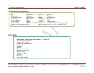 The New Learning plus Teacher’s book 7
The content of this program may not be copied, reproduced, republished, posted, broadcast, or transmitted in any way without first obtaining
written permission of Maya Ediciones Cia. Ltda. Page 12
METHODOLOGICAL STRATEGIES:
EVALUATION:
TPR Brainstorming Dialogues Matching
Role playing Mapping Projects Field trips
Information questions Video workshops Guessing Individual works
Group works Chain drills Bulletin boards Drawing
Picture descriptions Games Word maps Charts
Picture dictionary Painting Modeling Focused listening
Eclectical methods (PPP) Presentation/Practice/production (CLT) Communicative language teaching
(TBLL) Task-based language learning (ARC) Authentic, restrictive Use and Clarification Focus
* DIAGNOSTIC, FORMATIVE AND SUMMATIVE THROUGH:
- Oral and written test ( Review)
- Communication practices
- Listening and reading practices
- Oral lessons
- Homework
- Projects
- Task-based activities
- Individual and group work
- Video workshops
- Objective test/ quizzes
- Oral tests
- Written tests
-Progress tests (included)
 