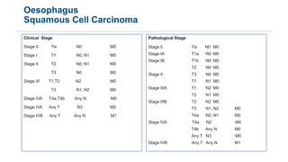Oesophagus
Squamous Cell Carcinoma
Clinical Stage
Stage 0 Tis N0 M0
Stage I T1 N0, N1 M0
Stage II T2 N0, N1 M0
T3 N0 M0
St...