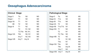 Oesophagus Adenocarcinoma
Clinical Stage
Stage 0 Tis N0 M0
Stage I T1 N0 M0
Stage IIA T1 N1 M0
IIB T2 N0 M0
Stage III T1 N...