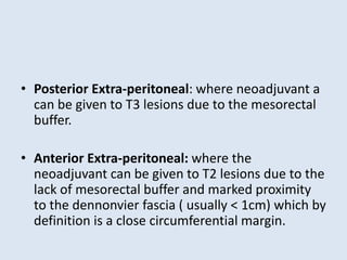 • Posterior Extra-peritoneal: where neoadjuvant a
can be given to T3 lesions due to the mesorectal
buffer.
• Anterior Extra-peritoneal: where the
neoadjuvant can be given to T2 lesions due to the
lack of mesorectal buffer and marked proximity
to the dennonvier fascia ( usually < 1cm) which by
definition is a close circumferential margin.
 