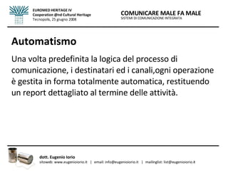 Automatismo Una volta predefinita la logica del processo di comunicazione, i destinatari ed i canali,ogni operazione è gestita in forma totalmente automatica, restituendo un report dettagliato al termine delle attività. SISTEMI DI COMUNICAZIONE INTEGRATA COMUNICARE MALE FA MALE dott. Eugenio Iorio  sitoweb: www.eugenioiorio.it  |  email: info@eugenioiorio.it  |  mailinglist: list@eugenioiorio.it EUROMED HERITAGE IV Cooperation @nd Cultural Heritage Tecnopolis, 25 giugno 2008 