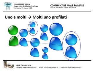 Uno a molti -> Molti uno profilati SISTEMI DI COMUNICAZIONE INTEGRATA COMUNICARE MALE FA MALE dott. Eugenio Iorio  sitoweb: www.eugenioiorio.it  |  email: info@eugenioiorio.it  |  mailinglist: list@eugenioiorio.it EUROMED HERITAGE IV Cooperation @nd Cultural Heritage Tecnopolis, 25 giugno 2008 