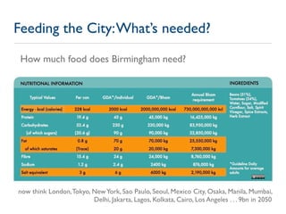 Feeding the City: What’s needed?
 How much food does Birmingham need?




now think London, Tokyo, New York, Sao Paulo, Se...