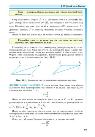 § 10. Другий закон Ньютона
57
Сила — векторна фізична величина, що є мірою взаємодії між
тілами.
Силу позначають літерою F . У СІ одиницею сили є Ньютон (Н). Мо-
дуль вектора сили позначають або F , або літерою F без стрілочки над
нею. Проекцію вектора сили на вісь, наприклад ОХ, позначають xF .
Довжина вектора F у певному масштабі показує числове значення
сили.
Якщо на тіло діє кілька сил, їх можна звести до однієї рівнодійної.
Рівнодійна сила — це сила, яка діє так само, як декілька
окремих сил, прикладених до тіла.
Рівнодійну силу знаходять як геометричну (векторну) суму всіх сил,
прикладених до тіла. Слід пам’ятати, що рівнодійна сила є лише роз-
рахунковою величиною, якою ми можемо замінити дію кількох сил.
Окремі сили називають складовими. Визначення рівнодійної кількох
складових сил є додаванням сил (мал. 10.1).
Мал. 10.1. Додавання сил за правилами додавання векторів
ДРУГИЙ ЗАКОН НЬЮТОНА. З курсу фізики 9-го класу вам відома
залежність між прискоренням тіла масою т та силою, що надає цього
прискорення вказаному тілу
F
a
m
= .
Якщо на тіло масою m одночасно діють дві сили 1F та 2F , то воно
рухатиметься з прискоренням 1 2a a a= + , яке відповідає рівнодійній си-
лі F . Тобто
1 2
1 2
F F F
a a a
m m
+
= = + = .
Якщо на тіло одночасно діють кілька сил, то прискорення тіла буде
пропорційне рівнодійній цих сил, тобто геометричній сумі всіх цих сил:
1 2 ... nF F F F= + + +
Отже, другий закон Ньютона записують і в такому вигляді:
F
a
m
Σ
= .
F1
F1F2 F2F
F
 