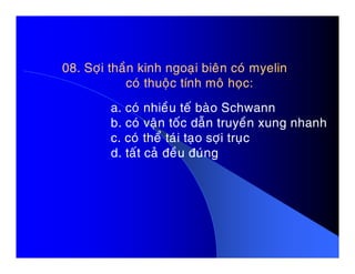 08. Sôïi thaàn kinh ngoaïi bieân coù myelin08. Sôïi thaàn kinh ngoaïi bieân coù myelin
coù thuoäc tính moâ hoïc:coù thuoäc tính moâ hoïc:
a. coù nhieàu teá baøo Schwann
b. coù vaän toác daãn truyeàn xung nhanh
c. coù theå taùi taïo sôïi truïcc. coù theå taùi taïo sôïi truïc
d. taát caû ñeàu ñuùng
 