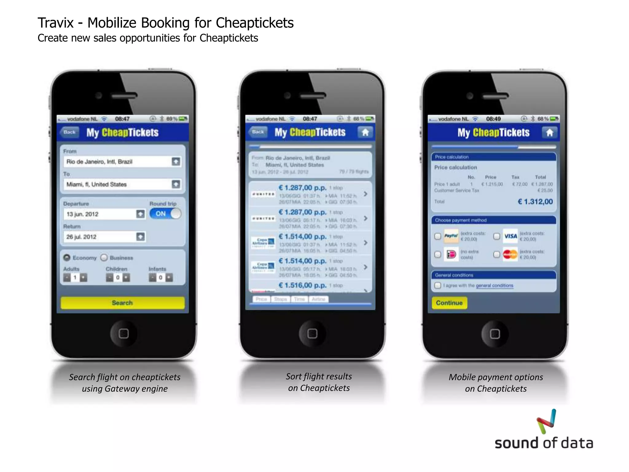 Travix - Mobilize Booking for Cheaptickets
Create new sales opportunities for Cheaptickets




      Search flight on cheaptickets               Sort flight results   Mobile payment options
         using Gateway engine                      on Cheaptickets         on Cheaptickets
 