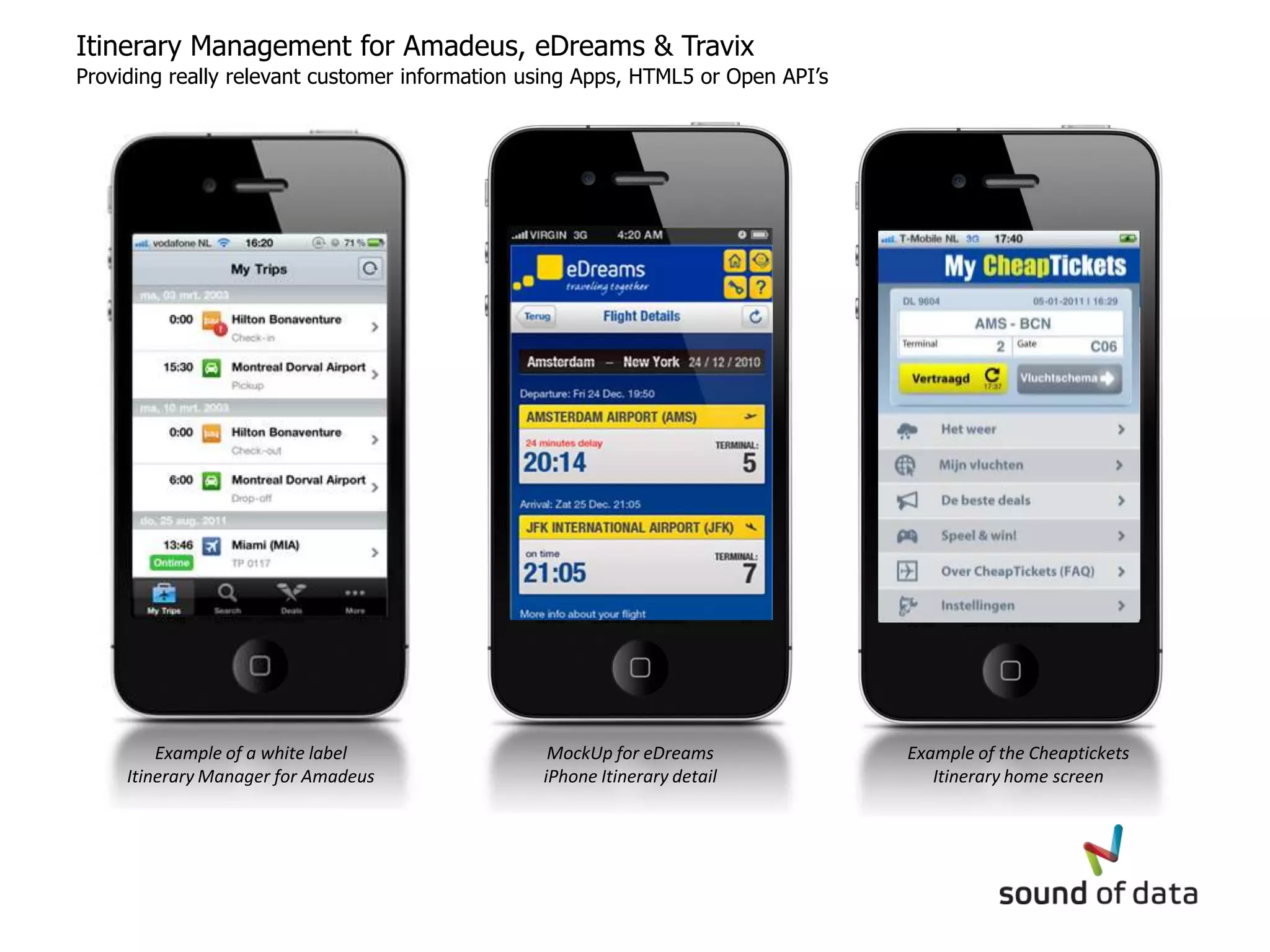 Itinerary Management for Amadeus, eDreams & Travix
Providing really relevant customer information using Apps, HTML5 or Open API’s




         Example of a white label                MockUp for eDreams              Example of the Cheaptickets
     Itinerary Manager for Amadeus              iPhone Itinerary detail             Itinerary home screen
 