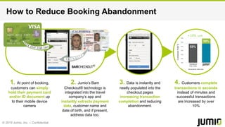 © 2015 Jumio, Inc. – Confidential
How to Reduce Booking Abandonment
1. At point of booking,
customers can simply
hold their payment card
and/or ID document up
to their mobile device
camera
2. Jumio’s Bam
Checkout® technology is
integrated into the travel
company’s app and
instantly extracts payment
data, customer name and
date of birth, and if present,
address data too.
3. Data is instantly and
neatly populated into the
checkout pages
increasing transaction
completion and reducing
abandonment.
4. Customers complete
transactions in seconds
instead of minutes and
successful transactions
are increased by over
10%
ConversionRate%
Traditional
Key Entry
Anonymised	
  client	
  data
+10% 	
  uplift
 