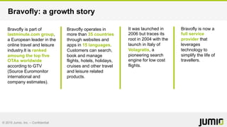 © 2015 Jumio, Inc. – Confidential
Bravofly: a growth story
Bravofly is part of
lastminute.com group,
a European leader in the
online travel and leisure
industry.It is ranked
amoung the top five
OTAs worldwide
according to GTV
(Source Euromonitor
international and
company estimates).
It was launched in
2006 but traces its
root in 2004 with the
launch in Italy of
Volagratis, a
pioneering search
engine for low cost
flights.
Bravofly operates in
more than 35 countries
through websites and
apps in 15 languages.
Customers can search,
book and manage
flights, hotels, holidays,
cruises and other travel
and leisure related
products.
Bravofly is now a
full service
provider that
leverages
technology to
simplify the life of
travellers.
 