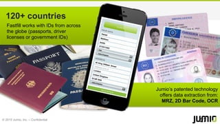 © 2015 Jumio, Inc. – Confidential
120+ countries
Fastfill works with IDs from across
the globe (passports, driver
licenses or government IDs)
Jumio’s patented technology
offers data extraction from:
MRZ, 2D Bar Code, OCR
27
 