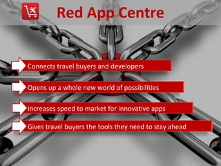 Red App Centre


Connects travel buyers and developers

Opens up a whole new world of possibilities

Increases speed to market for innovative apps

Gives travel buyers the tools they need to stay ahead
 