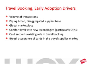 Travel Booking, Early Adoption Drivers
  Volume of transactions
  Paying broad, disaggregated supplier base
  Global marketplace
  Comfort level with new technologies (particularly OTAs)
  Card accounts existing role in travel booking
  Broad acceptance of cards in the travel supplier market
 