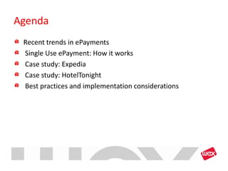 Agenda
 Recent trends in ePayments
 Single Use ePayment: How it works
 Case study: Expedia
 Case study: HotelTonight
 Best practices and implementation considerations
 