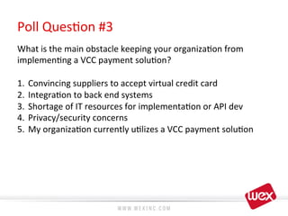 Poll	
  Ques8on	
  #3	
  
What	
  is	
  the	
  main	
  obstacle	
  keeping	
  your	
  organiza8on	
  from	
  
implemen8ng	
  a	
  VCC	
  payment	
  solu8on?	
  
	
  
1.  Convincing	
  suppliers	
  to	
  accept	
  virtual	
  credit	
  card	
  
2.  Integra8on	
  to	
  back	
  end	
  systems	
  
3.  Shortage	
  of	
  IT	
  resources	
  for	
  implementa8on	
  or	
  API	
  dev	
  
4.  Privacy/security	
  concerns	
  
5.  My	
  organiza8on	
  currently	
  u8lizes	
  a	
  VCC	
  payment	
  solu8on	
  
 