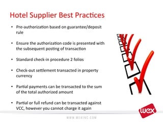 Hotel	
  Supplier	
  Best	
  Prac8ces	
  
•  Pre-­‐authoriza8on	
  based	
  on	
  guarantee/deposit	
  
rule	
  	
  
	
  
•  Ensure	
  the	
  authoriza8on	
  code	
  is	
  presented	
  with	
  
the	
  subsequent	
  pos8ng	
  of	
  transac8on	
  
	
  
•  Standard	
  check-­‐in	
  procedure	
  2	
  folios	
  	
  
	
  
•  Check-­‐out	
  se?lement	
  transacted	
  in	
  property	
  
currency	
  
•  Par8al	
  payments	
  can	
  be	
  transacted	
  to	
  the	
  sum	
  
of	
  the	
  total	
  authorized	
  amount	
  	
  
•  Par8al	
  or	
  full	
  refund	
  can	
  be	
  transacted	
  against	
  
VCC,	
  however	
  you	
  cannot	
  charge	
  it	
  again	
  	
  	
  
 