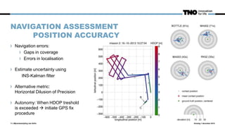NAVIGATION ASSESSMENT
POSITION ACCURACY
Navigation errors:
Gaps in coverage
Errors in localisation
Estimate uncertainty using
INS-Kalman filter
Alternative metric:
Horizontal Dilusion of Precision
Autonomy: When HDOP treshold
is exceeded  initiate GPS fix
procedure
dinsdag 1 december 201511 | Mijnenbestrijding met AUVs
 
