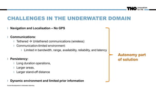 CHALLENGES IN THE UNDERWATER DOMAIN
Navigation and Localisation – No GPS
Communications:
Tethered  Untethered communications (wireless)
Communication-limited environment:
Limited in bandwidth, range, availability, reliability, and latency
Persistency:
Long duration operations,
Larger areas,
Larger stand-off distance
Dynamic environment and limited prior information
Current Developments in Underwater Autonomy
Autonomy part
of solution
 