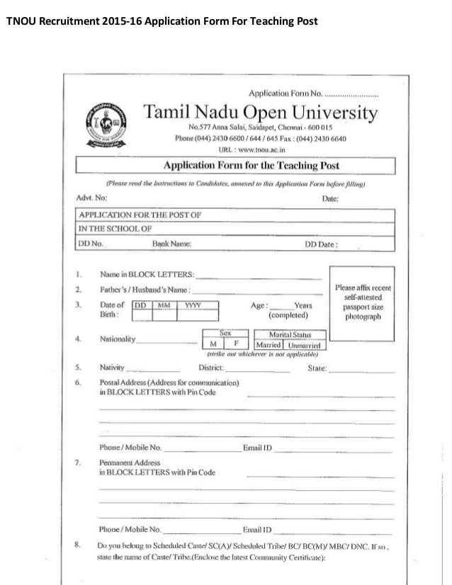 TNOU Recruitment 201516 Application Form For Teaching Post