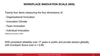 WORKPLACE INNOVATION SCALE (WIS)
Twenty four items measuring the four dimensions of:
• Organisational Innovation
• Innovat...