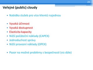 23

Veřejné (public) cloudy

  • Nabídka služeb pro více klientů najednou

  •   Vysoká účinnost
  •   Vysoká dostupnost
  •   Elasticita kapacity
  •   Nižší počáteční náklady (CAPEX)
  •   Jednoduchost správy
  •   Nižší provozní náklady (OPEX)

  • Pozor na možné problémy s bezpečností (viz dále)
 