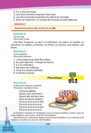 130
2. Il y a deux formules.
3. Les deux formules proposent des fruits.
4. Les deux formules proposent du café et du chocolat.
5. Dans ce restaurant, on mange de la soupe au petit déjeuner.
Attention!
Буквосполучення -eu читається як [œ].
Exercice 2.
Lis les mots.
Прочитай слова.
Une ﬂeur, le beurre, un œuf, un ordinateur, ma soeur, ils veulent, un
marcheur, un coiffeur, un farceur, un rêveur, un serveur, une couleur, une
heure.
Exercice 3.
Lis les phrases.
Прочитай речення.
1. J’aime beaucoup cette ﬂeur bleue.
2. Au petit déjeuner, il mange du beurre.
3. Il a un ordinateur.
4. Ma sœur est coiffeuse.
5. C’est ma couleur préférée.
6. Il est deux heures.
Phonétique
Exercice 4.
a) Écoute la chanson et chante.
Послухай і заспівай пісню.
J’aime la galette,
Savez-vous comment?
Quand elle est bien faite,
Avec du beurre dedans.
Tra la la la la la la la lère
Tra la la la la la la la la
Tra la la la la la la la lère
Tra la la la la la la la la
b) Chante la chanson en changeant «avec du beurre dedans» contre «avec du
sucre dedans», puis contre «avec du miel dedans».
Заспівай пісню, замінюючи фразу «avec du beurre dedans» на «avec du sucre
dedans», а потім на «avec du miel dedans».
 