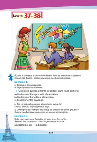 138
Leçons 37-3837-38
Écoute le dialogue et observe le dessin. Fais les exercices ci-dessous.
Прослухай діалог і роздивись малюнок. Виконай вправи.
Exercice 1.
a) Choisis la bonne réponse.
Вибери правильну відповідь.
• Qu’est-ce que les enfants dessinent dans leurs cahiers?
a) Ils dessinent les produits alimentaires.
b) Ils dessinent une ﬂeur alimentaire.
c) Ils dessinent le paysage.
b) Dis combien de groupes alimentaires existe-t-il.
Скажи, скільки існує харчових груп.
c) On ne peut pas manger beaucoup de produits de quels groupes?
Скажи, продуктами якої групи не можна зловживати.
Exercice 2.
Relie deux colonnes. Écris les phrases dans ton cahier.
З’єднай два сповпчики. Запиши речення в зошит.
Exemple: Le jus — la boisson.
 