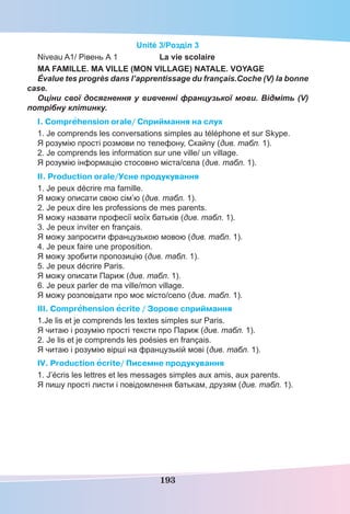 193
Unité 3/Розділ 3
Niveau A1/ Рівень А 1 La vie scolaire
MA FAMILLE. MA VILLE (MON VILLAGE) NATALE. VOYAGE
Évalue tes progrès dans l’apprentissage du français.Coche (V) la bonne
case.
Оціни свої досягнення у вивченні французької мови. Відміть (V)
потрібну клітинку.
I. Comprehension orale/ Cприймання на слух
1. Je comprends les conversations simples au téléphone et sur Skype.
Я розумію прості розмови по телефону, Скайпу (див. табл. 1).
2. Je comprends les information sur une ville/ un village.
Я розумію інформацію стосовно міста/села (див. табл. 1).
II. Production orale/Усне продукування
1. Je peux décrire ma famille.
Я можу описати свою сім’ю (див. табл. 1).
2. Je peux dire les professions de mes parents.
Я можу назвати професії моїх батьків (див. табл. 1).
3. Je peux inviter en français.
Я можу запросити французькою мовою (див. табл. 1).
4. Je peux faire une proposition.
Я можу зробити пропозицію (див. табл. 1).
5. Je peux décrire Paris.
Я можу описати Париж (див. табл. 1).
6. Je peux parler de ma ville/mon village.
Я можу розповідати про моє місто/село (див. табл. 1).
III. Comprehension ecrite / Зорове сприймання
1.Je lis et je comprends les textes simples sur Paris.
Я читаю і розумію прості тексти про Париж (див. табл. 1).
2. Je lis et je comprends les poésies en français.
Я читаю і розумію вірші на французькій мові (див. табл. 1).
IV. Production ecrite/ Писемне продукування
1. J’écris les lettres et les messages simples aux amis, aux parents.
Я пишу прості листи і повідомлення батькам, друзям (див. табл. 1).
 