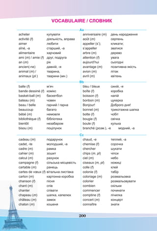 200
VOCABULAIRE / СЛОВНИК
Aa
acheter купувати
activité (f) діяльність, вправа
aimer любити
aîné, -а старший, -а
alimentaire харчовий
ami (m) / amie (f) друг, подруга
an (m) рік
ancien(-ne) давній, -я
animal (m) / тварина,
animaux (pl.) тварини (мн.)
anniversaire (m) день народження
août (m) серпень
appeller (s’); кликати;
s’appeller зватися
arbre (m) дерево
attention (f) увага
aujourd’hui сьогодні
avantage (m) позитивна якість
avion (m) літак
avril (m) квітень
Bb
balle (f) м’яч
bande dessiné (f) комікс
basket-ball (m) баскетбол
bateau (m) човен
beau / belle гарний / гарна
beaucoup багато
bébé (m) немовля
bibliothèque (f) бібліотека
bientôt незабаром
bisou (m) поцілунок
bleu / bleue синій, -я
boîte (f) коробка
boisson (f) напій
bonbon (m) цукерка
Bonjour! Доброго дня!
bonnet (m) трикотажна шапка
botte (f) чобіт
bougie (f) свічка
boule (f) кулька
branché (розм.), -е модний, -а
Cc
cadeau (m) подарунок
cadet, -te молодший, -а
cadre (m) рамка
cahier (m) зошит
calcul (m) рахунок
campagne (f) сільська місцевість
cartable (m) ранець
cartes de vœux (f) вітальна листівка
carton (m) картонна коробка
chanson (f) пісня
chant (m) спів
chanter співати
chapeau (m) шапка, капелюх
château (m) замок
chaton (m) кошеня
chaud, -е теплий, -а
chemise (f) сорочка
chercher шукати
chips (m. pl) чіпси
ciel (m) небо
ciseaux (m, pl) ножиці
colle (f) клей
colonie (f) табір
coloriage (m) розмальовка
colorier розмальовувати
combien скільки
commencer починати
comptine (f) лічилка
concert (m) концерт
connaître знати
 