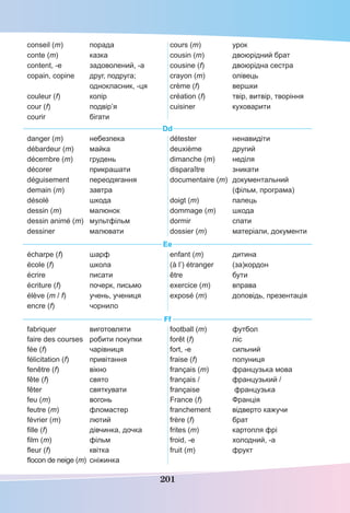 201
conseil (m) порада
conte (m) казка
content, -e задоволений, -а
copain, copine друг, подруга;
однокласник, -ця
couleur (f) колір
cour (f) подвір’я
courir бігати
cours (m) урок
cousin (m) двоюрідний брат
cousine (f) двоюрідна сестра
crayon (m) олівець
crème (f) вершки
création (f) твір, витвір, творіння
cuisiner куховарити
Dd
danger (m) небезпека
débardeur (m) майка
décembre (m) грудень
décorer прикрашати
déguisement переодягання
demain (m) завтра
désolé шкода
dessin (m) малюнок
dessin animé (m) мультфільм
dessiner малювати
détester ненавидіти
deuxième другий
dimanche (m) неділя
disparaître зникати
documentaire (m) документальний
(фільм, програма)
doigt (m) палець
dommage (m) шкода
dormir спати
dossier (m) матеріали, документи
Ee
écharpe (f) шарф
école (f) школа
écrire писати
écriture (f) почерк, письмо
élève (m / f) учень, учениця
encre (f) чорнило
enfant (m) дитина
(à l’) étranger (за)кордон
être бути
exercice (m) вправа
exposé (m) доповідь, презентація
Ff
fabriquer виготовляти
faire des courses робити покупки
fée (f) чарівниця
félicitation (f) привітання
fenêtre (f) вікно
fête (f) свято
fêter святкувати
feu (m) вогонь
feutre (m) фломастер
février (m) лютий
ﬁlle (f) дівчинка, дочка
ﬁlm (m) фільм
ﬂeur (f) квітка
ﬂocon de neige (m) сніжинка
football (m) футбол
forêt (f) ліс
fort, -e сильний
fraise (f) полуниця
français (m) французька мова
français / французький /
française французька
France (f) Франція
franchement відверто кажучи
frère (f) брат
frites (m) картопля фрі
froid, -е холодний, -а
fruit (m) фрукт
 
