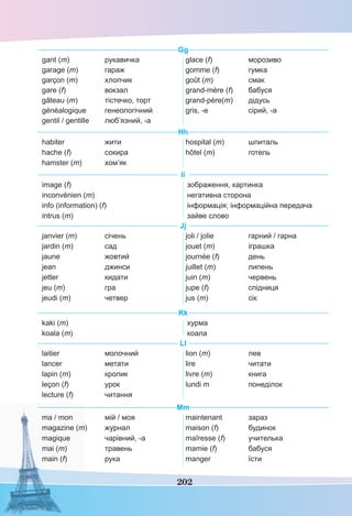 202
Gg
gant (m) рукавичка
garage (m) гараж
garçon (m) хлопчик
gare (f) вокзал
gâteau (m) тістечко, торт
généalogique генеологічний
gentil / gentille люб’язний, -а
glace (f) морозиво
gomme (f) гумка
goût (m) смак
grand-mère (f) бабуся
grand-père(m) дідусь
gris, -e сірий, -а
Hh
habiter жити
hache (f) сокира
hamster (m) хом’як
hospital (m) шпиталь
hôtel (m) готель
Ii
image (f)
inconvénien (m)
info (information) (f)
intrus (m)
зображення, картинка
негативна сторона
інформація; інформаційна передача
зайве слово
Jj
janvier (m) січень
jardin (m) сад
jaune жовтий
jean джинси
jetter кидати
jeu (m) гра
jeudi (m) четвер
joli / jolie гарний / гарна
jouet (m) іграшка
journée (f) день
juillet (m) липень
juin (m) червень
jupe (f) спідниця
jus (m) сік
Kk
kaki (m)
koala (m)
хурма
коала
Ll
laitier молочний
lancer метати
lapin (m) кролик
leçon (f) урок
lecture (f) читання
lion (m) лев
lire читати
livre (m) книга
lundi m понеділок
Mm
ma / mon мій / моя
magazine (m) журнал
magique чарівний, -а
mai (m) травень
main (f) рука
maintenant зараз
maison (f) будинок
maîresse (f) учителька
mamie (f) бабуся
manger їсти
 